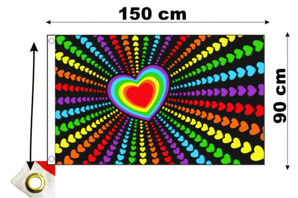 Regenbogen Fahne mit Herzen 90 x 150 cm