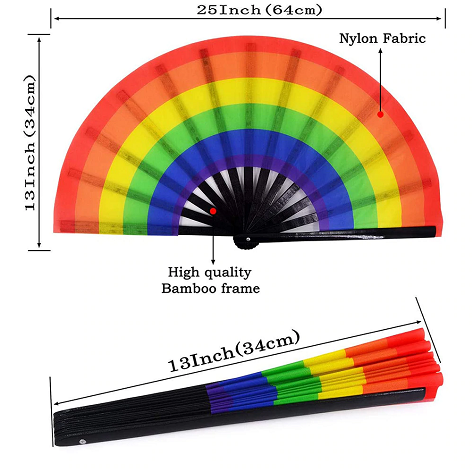 Riesen Regenbogen - Fächer aus schwarzem Kunststoff mit Nylonbespannung