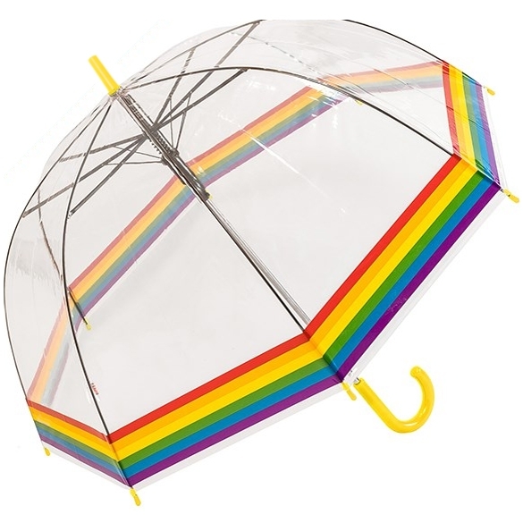 Regenschirm mit Regenbogenrand und transparenter Kuppel für Erwachsene – rot/gelber Griff